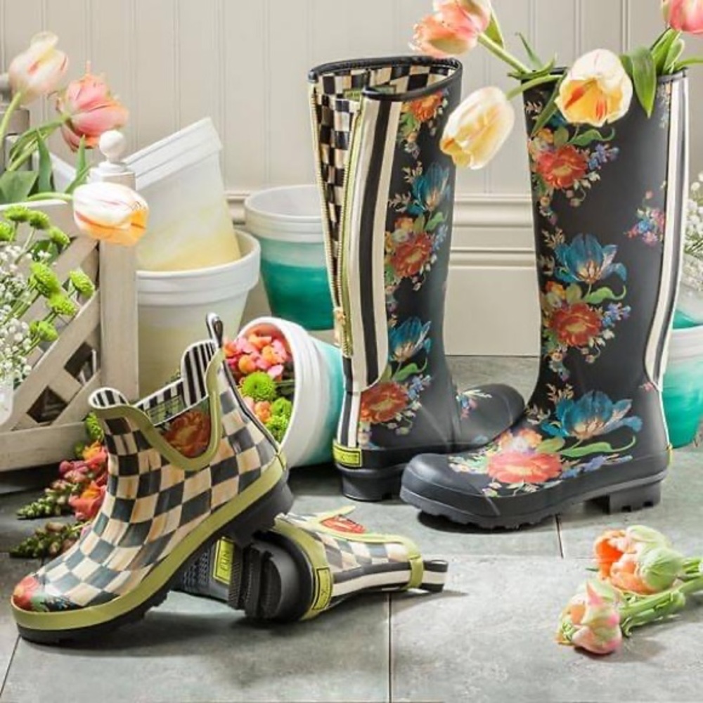Hunter Mackenzie Childs Courtly Check Flower Size 9 40 Rubber Rain Tall Boots
